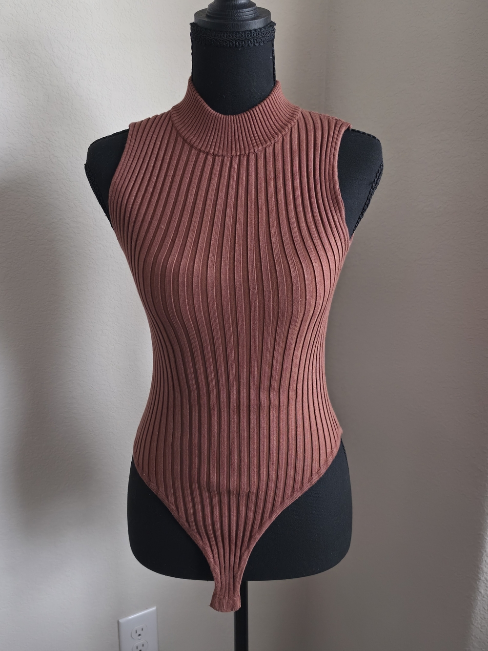 Ribbed Knit Tan Mock Neck Sleeveless Bodysuit